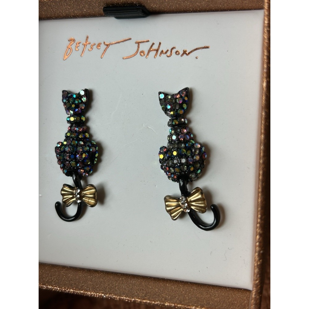 NWT Betsey Johnson Halloween Black Cat Pave Earrings Rhinestone Tails move - Picture 8 of 9